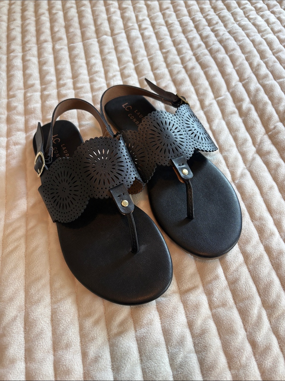 LC Lauren Conrad Black Laser-Cut T-Strap Sandals